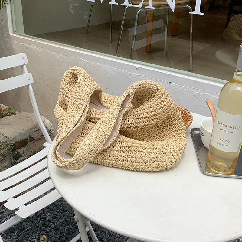 Summer Beach Resort Fashion Straw-Woven Ladies Large-Capacity Shoulder Bag WIth Hand-Woven Beach