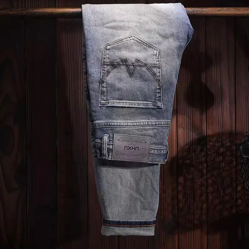 Italian Style Fashion Men Jeans High Quality Retro Washed Blue Stretch Slim Fit Vintage Jeans Men Designer Denim Pants Hombre