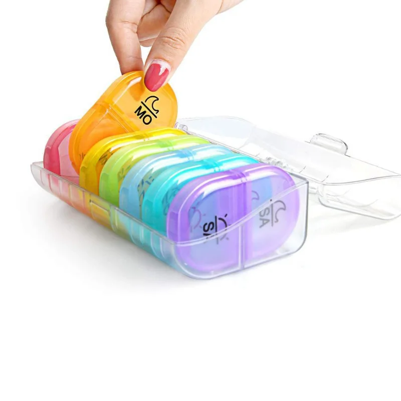 цена Seven Days a Week 14 Grid Rainbow Pill Box Classification Box Portable Plastic Compartment Pill Box