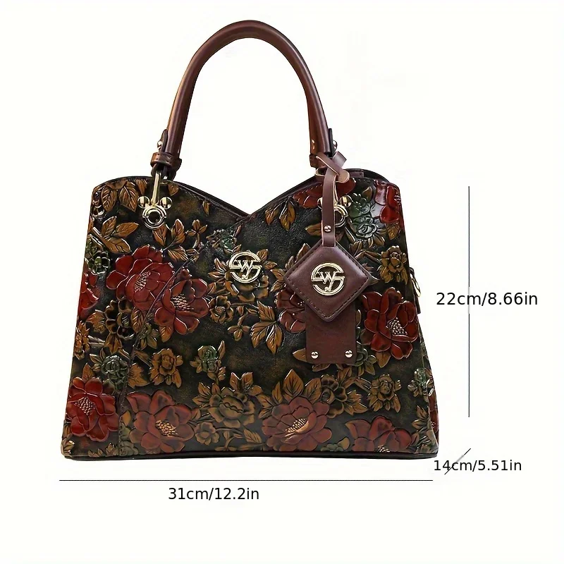 Vintage Flower Pattern Handbag, Luxury PU Leather Tote Bag
