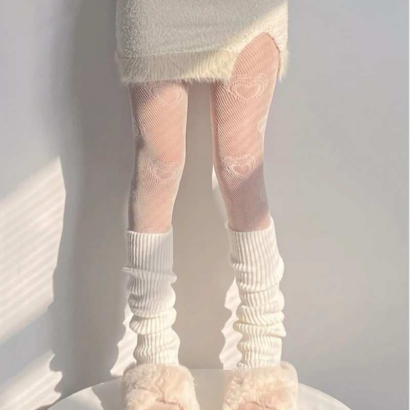 Women Gothic White Fishnet Pantyhose Sweet Love Heart Sheer Mesh Tights