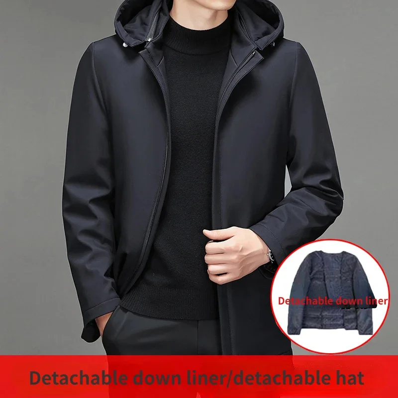 

New Winter Down Jacket Men Detachable Liner 90% White Duck Coat Medium Long Hooded Puffer Jackets Erkek Kışlık Mont FCY4630