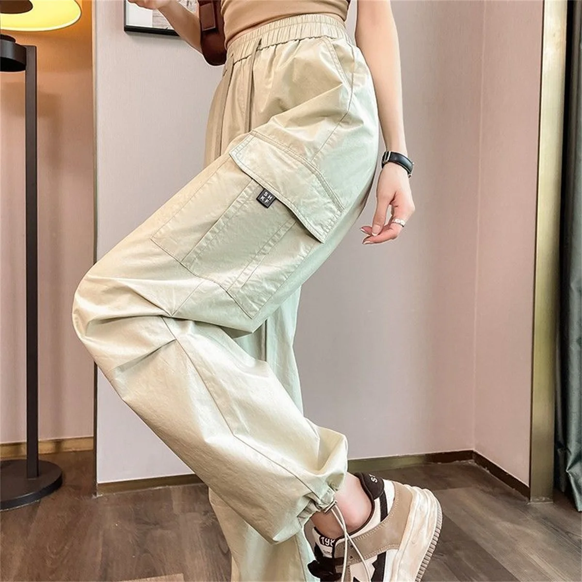 Green Women Tech Pants Drawstring Black Low Waist Wide Leg Trousers Oversized Sweatpant Baggy Joggers Streetwear Cargo Pant 3