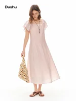 DUSHU Women’s 2026 Summer New Square Neck Lyocell Ramie Dress Fashionable Elegant Midi Dress Figure-Friendly Multi-Size Dress