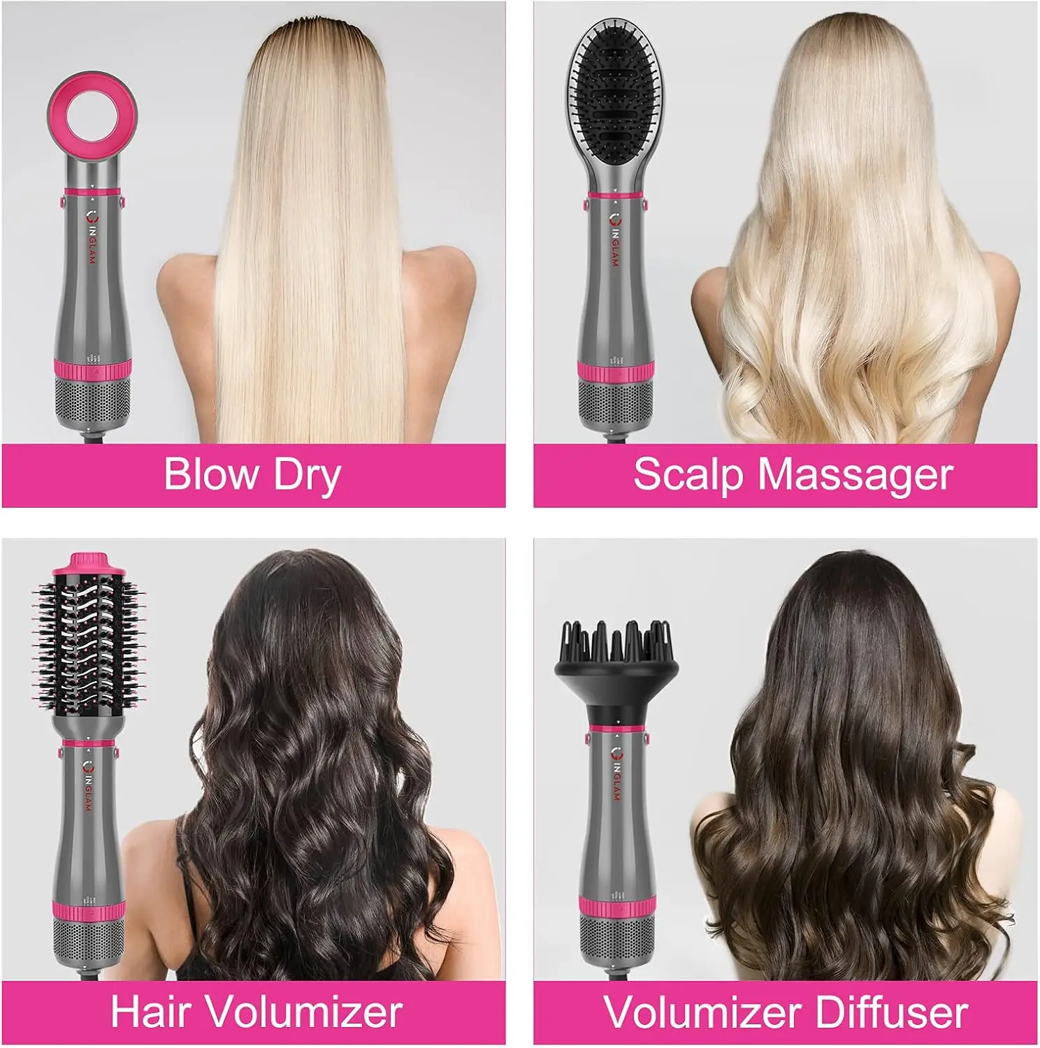 INGLAM 4 in 1 Blowout Brush, Negative Ion Detachable Hair Dryer & Styler Volumizer Hot Air Brush with 2 Styling Brush Heads,
