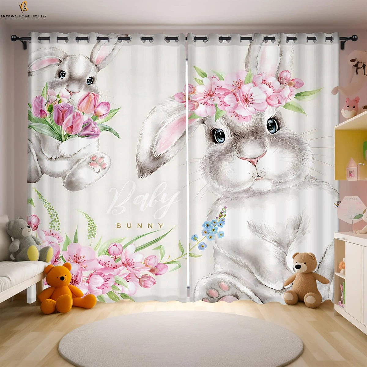 2 Pieces Easter Bunny Cartoon Printed Curtains Bedroom Living Room Dining Room Holiday Decorative Curtains Kids Gifts 2