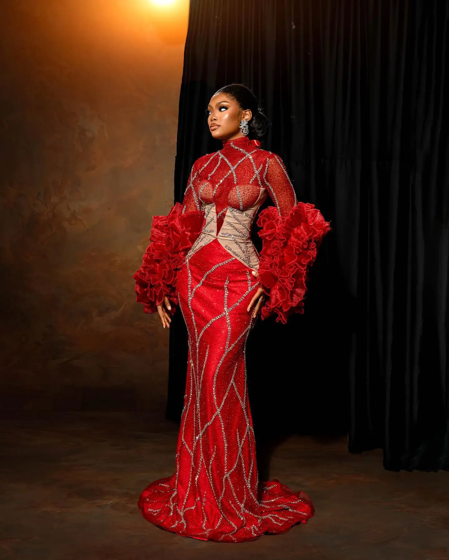 Women Prom Dresses African Beaded Lace Mock Mermaid Prom Dresses Ruffles Tulle Flare Sleeves Long Prom Gowns