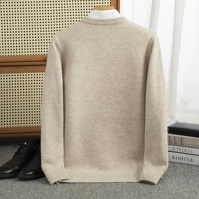 DjzDsm Men's 100% Merino Wool Top Winter Youth Solid Color Pullover Long Sleeve Thick Round Neck Knitted Bottoming Sweater 2