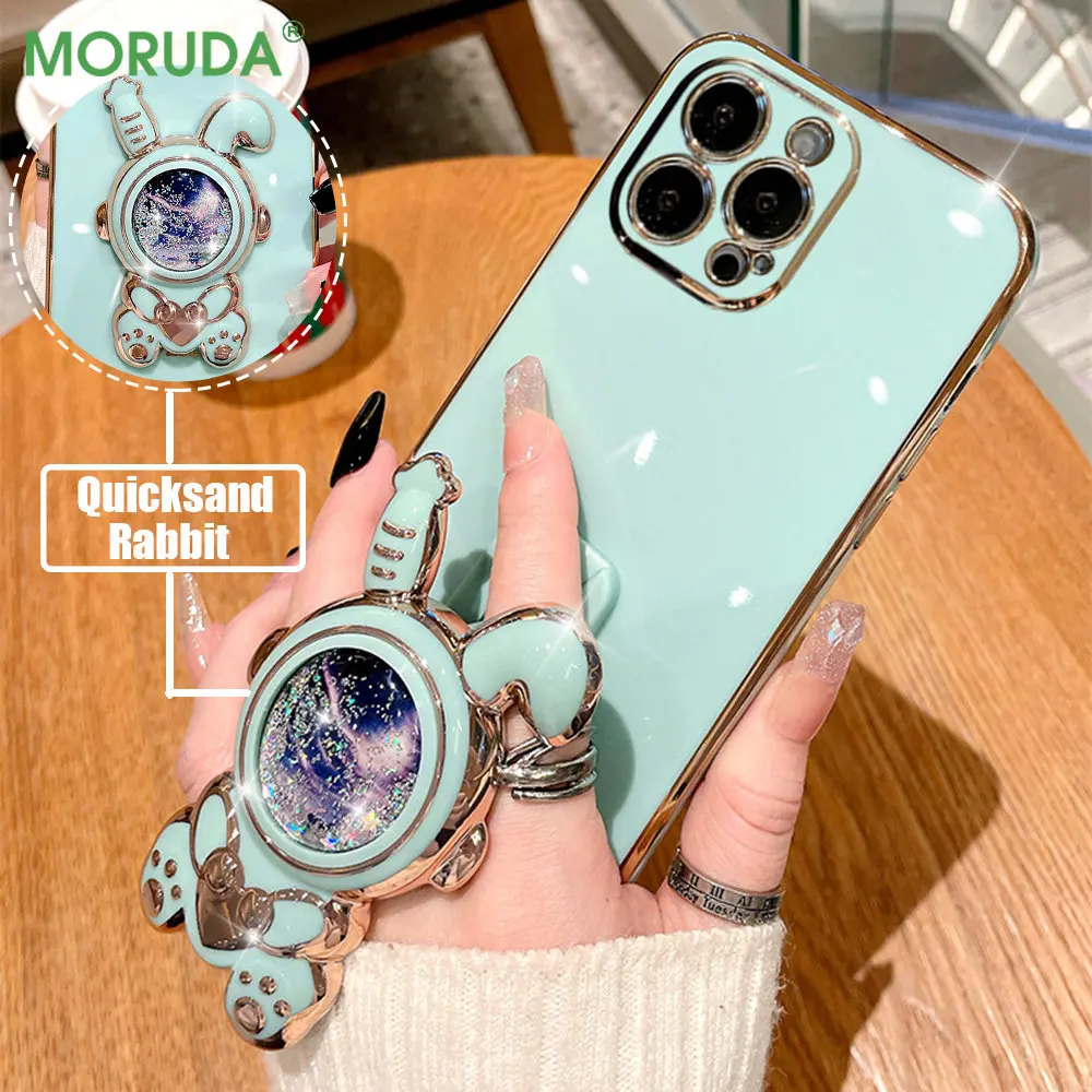Custodia per placcatura con supporto per sabbie mobili Lucky Rabbit Love per iPhone 11 12 13 14 Pro Max Mini X Xr Xs Max 7 8 Plus Cover per staffa pieghevole carina_voghion.com