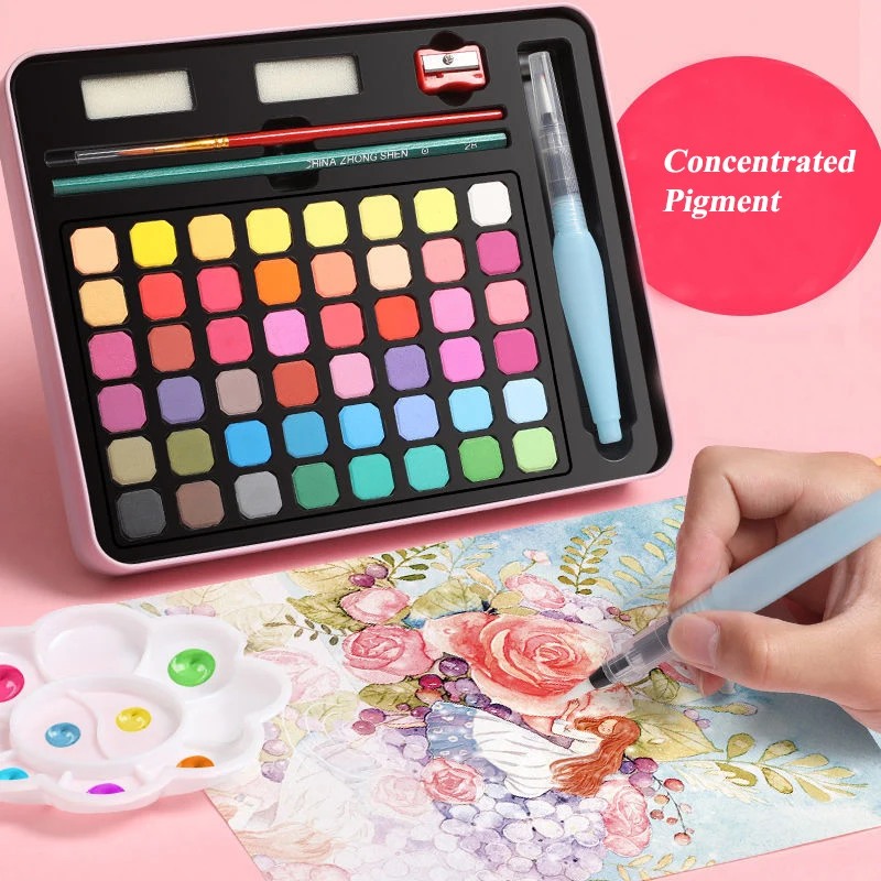 Watercolor Painting Set Solid 48 Colors with Brush&Paper Pigmentation Kids Artists School Art Supplies