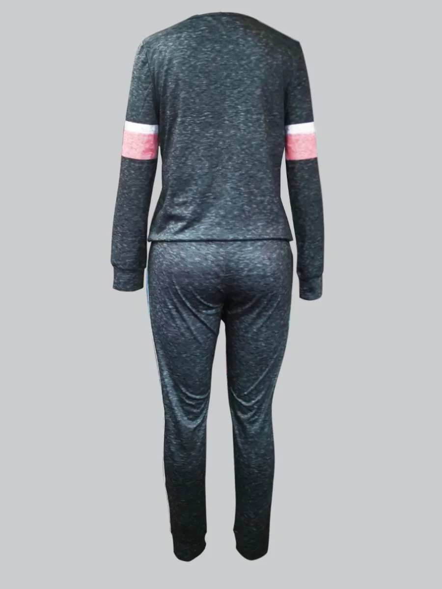 Drawstring Color Lump Pants Set 2025 Women Mixed Print Round Neck Long Sleeve Tracksuits Two Pieces Outfits