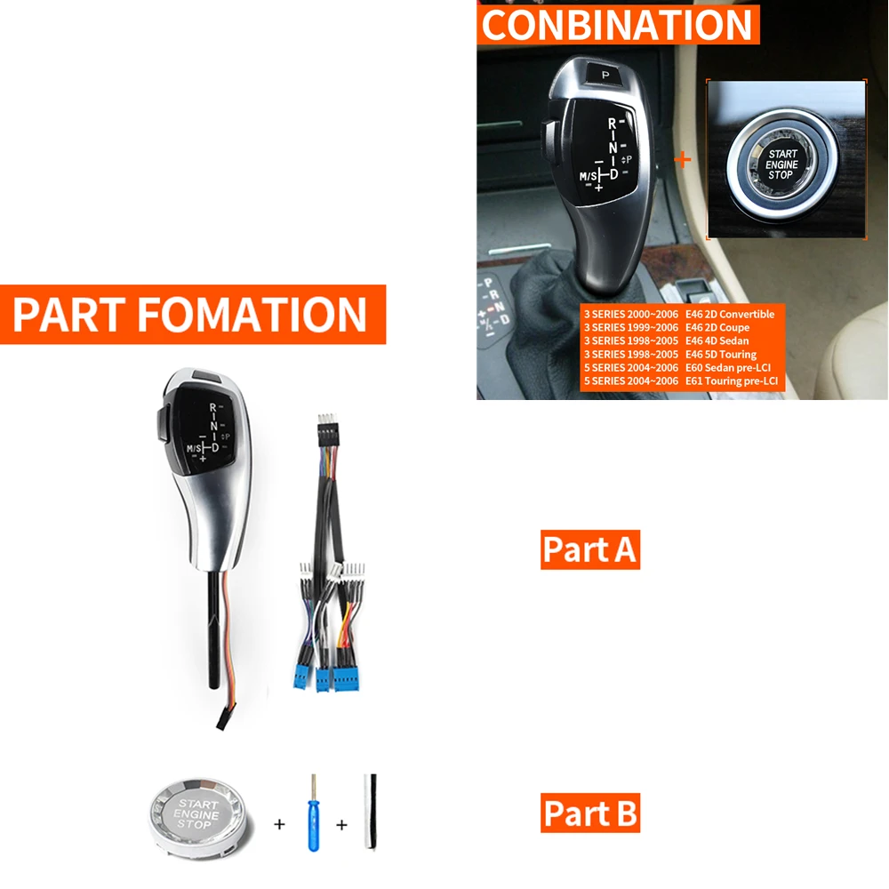 

For BMW E46 E60 E61 E63 E64 1998-2006 Automatic LED Gear Shift Head Knob Cover Silver With Crystal Switch Button Car Accessories