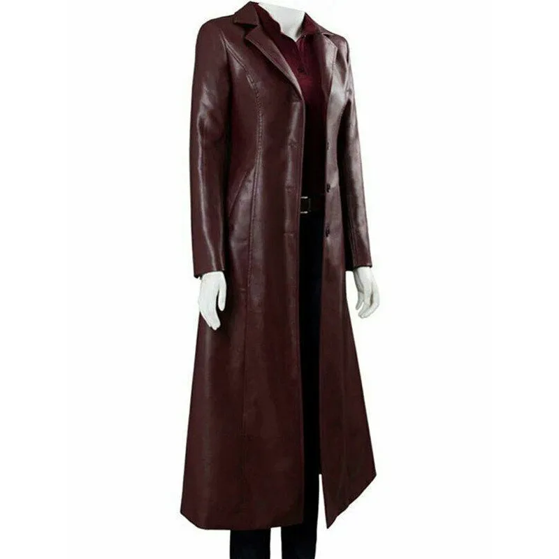 Women's Authentic Real Leather Trench Coat Long Overcoat Maroon Winter Jacket Fashion Trends