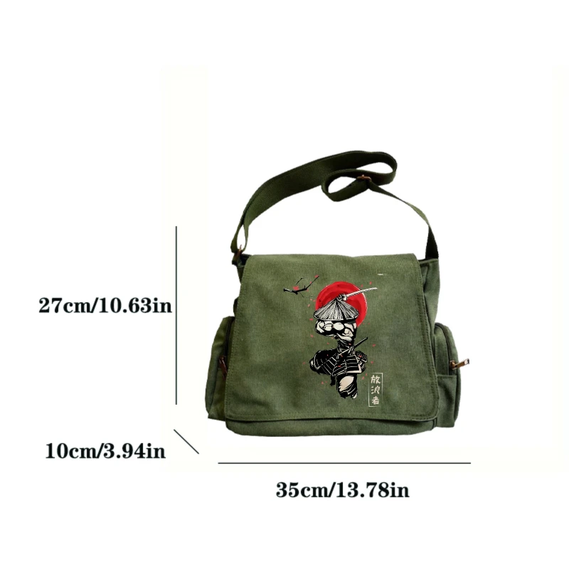 Vintage Men's Shoulder Bag Canvas Samurai Print Women's Crossbody Bag Large Capacity Messenger Bag