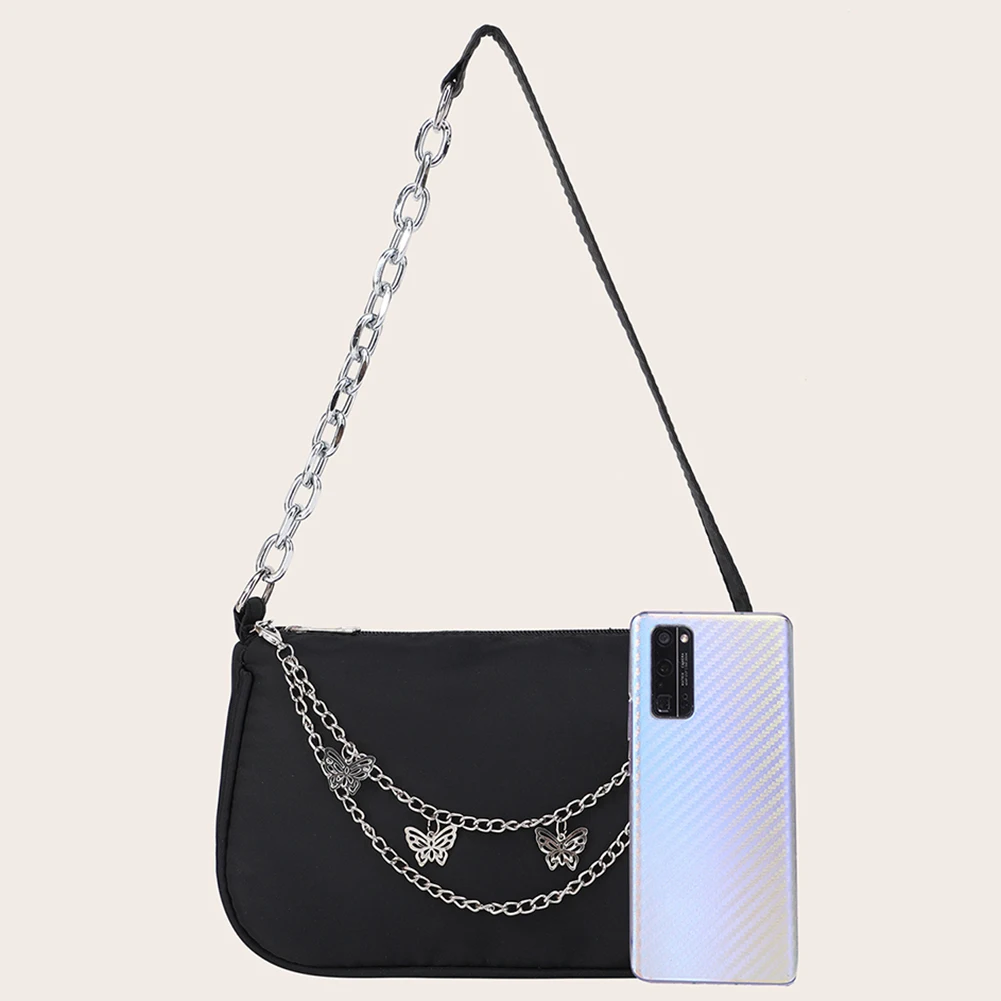 Women Butterfly Chain Shoulder Bag Fashion Nylon Female Black Underarm Bags Y2k Small Tote Handbags Trendy Armpit Purse