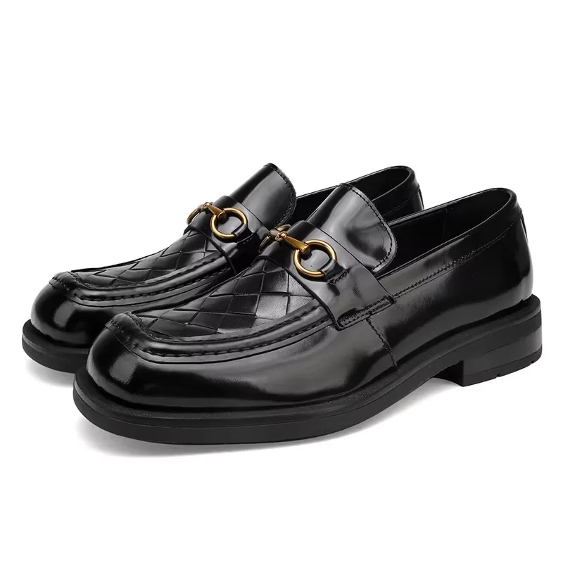 Men Business Shoes Laces Round Head Leather Knitted Shoes Thick Soles