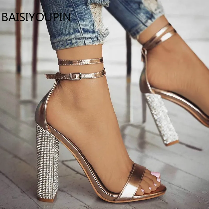 

Plus Size 42 43 Women Sandals Sexy Summer Pumps Blingbling 10cm High Heels PU Thick Heel Party Dress Heeled Shoes Female Sandals
