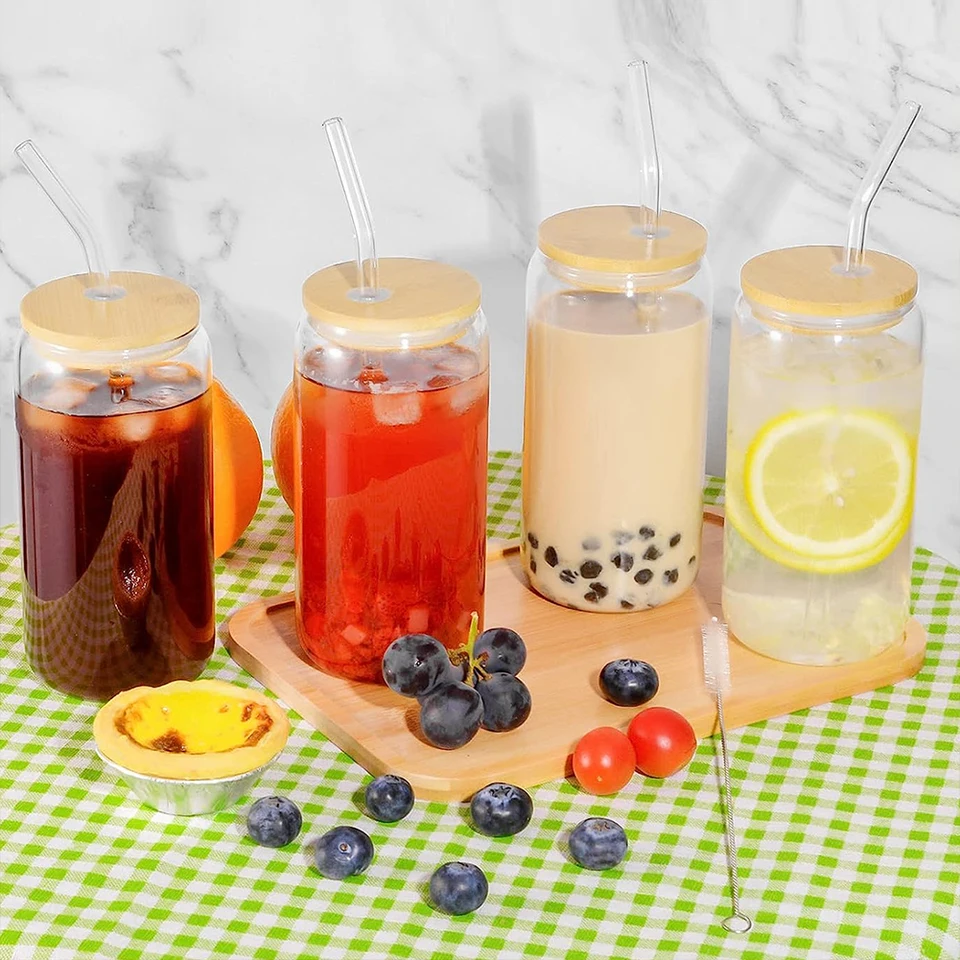 Bicchieri Di Vetro Con Coperchio In Bamb&ugrave; E Cannucce - 2 Pezzi Da 600 Ml, Per Bevande Fredde E Calde