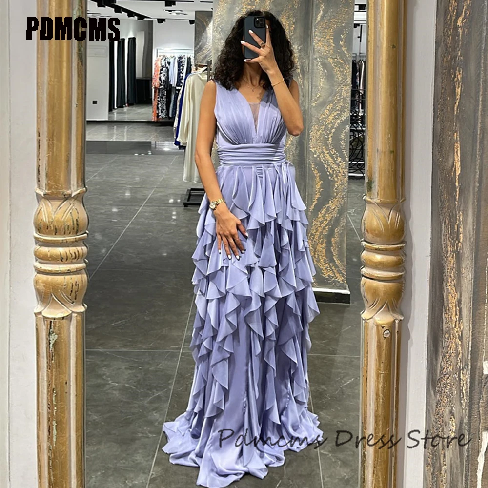 

PDMCMS Deep V Neck Sleeveless Party Dresses Tiered Ruffles Dubai Prom Gowns Special Event Evening Dress Vestidos De Noche 2024
