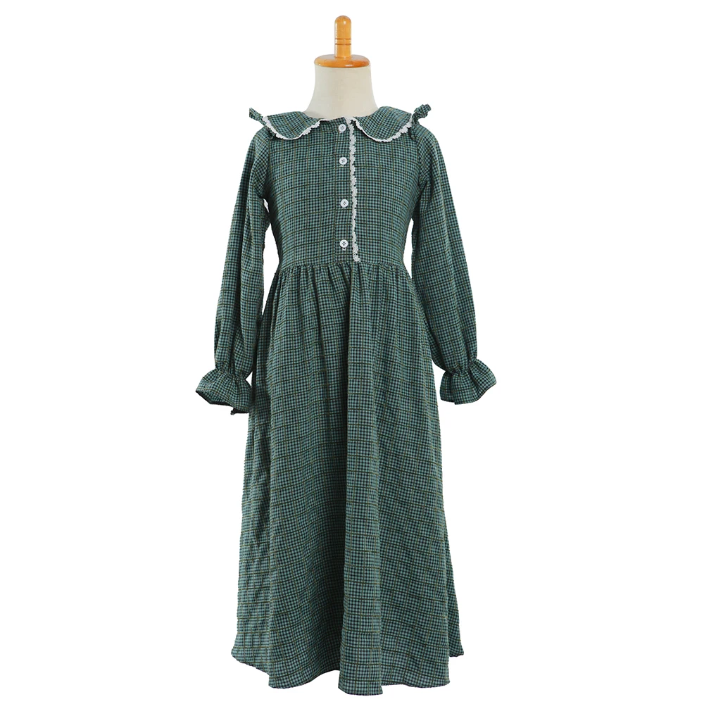 Children Vintage Green/Yellow/Brown Plaid Cotton Colonial Day Dress Girls Historical Pioneer Dress Prairie Costume for Child