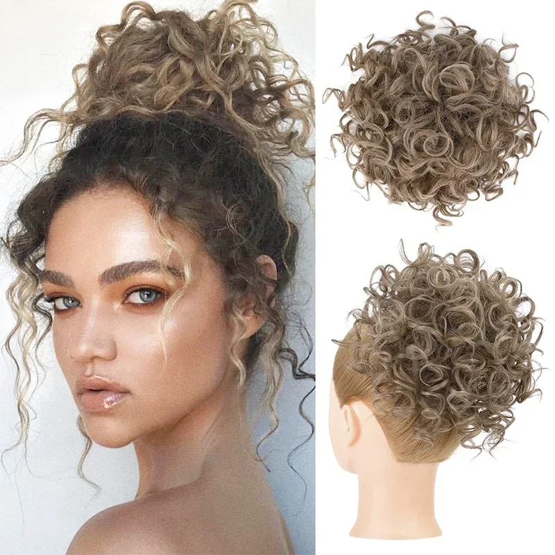 

Short Curly Hair Bun Hair Piece Extension Synthetic Messy Bun Elastic Drawstring Ponytail Hairpiece Women's Brown Fake Hair Bun