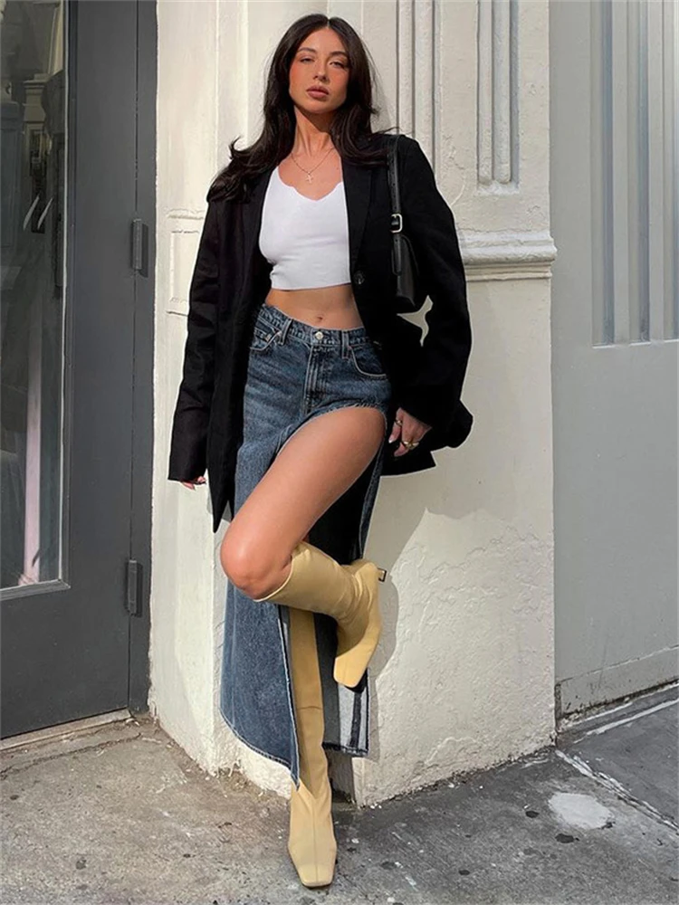 2023 Summer Split Out Denim Skirt Jeans Women Casual Long Skirt Low Waisted Jean Streetwear New Midi Pencil Skirt Y2k New