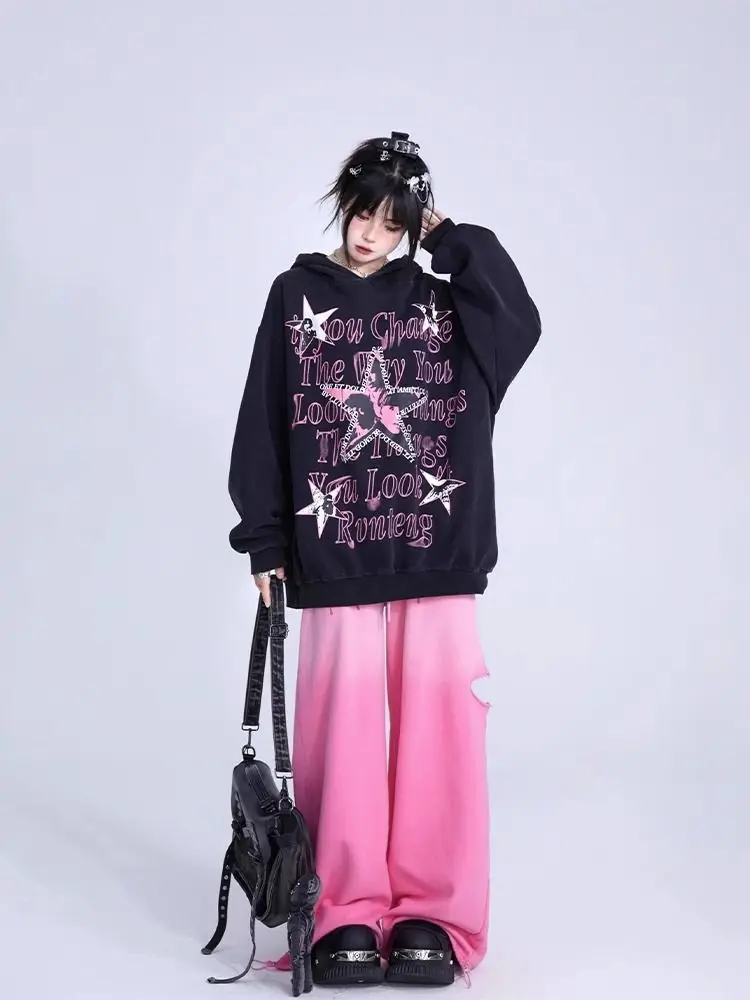Hoodie Letters Stars Printed Retro Tops Harajuku Streetwear Hip Hop Hoodie Women 2023 New