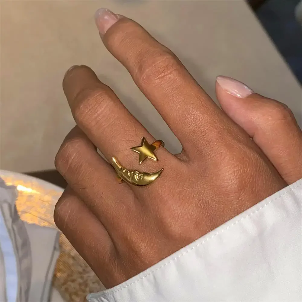 Creative Star Moon Opening Finger Ring Gold Plated Geometric Rust Proof Waterproof Rings for Women Girls Party Jewelry Gift Anel