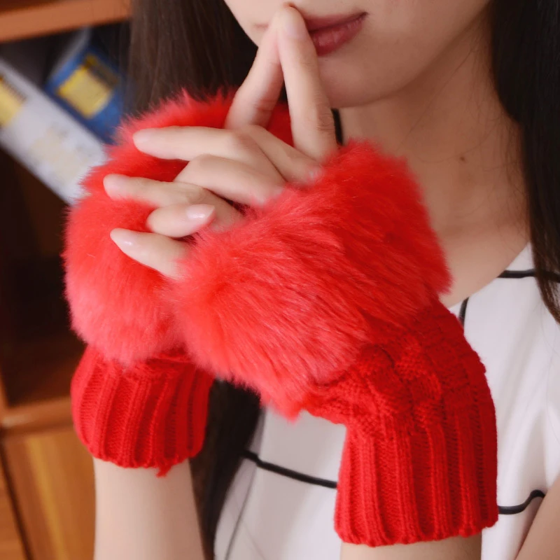 Y2k Style Women's Winter Gloves Faux Fur Knitting Hand Warmer Women Half Finger Gloves Wrist Mittens Writting Arm Wrist Gants
