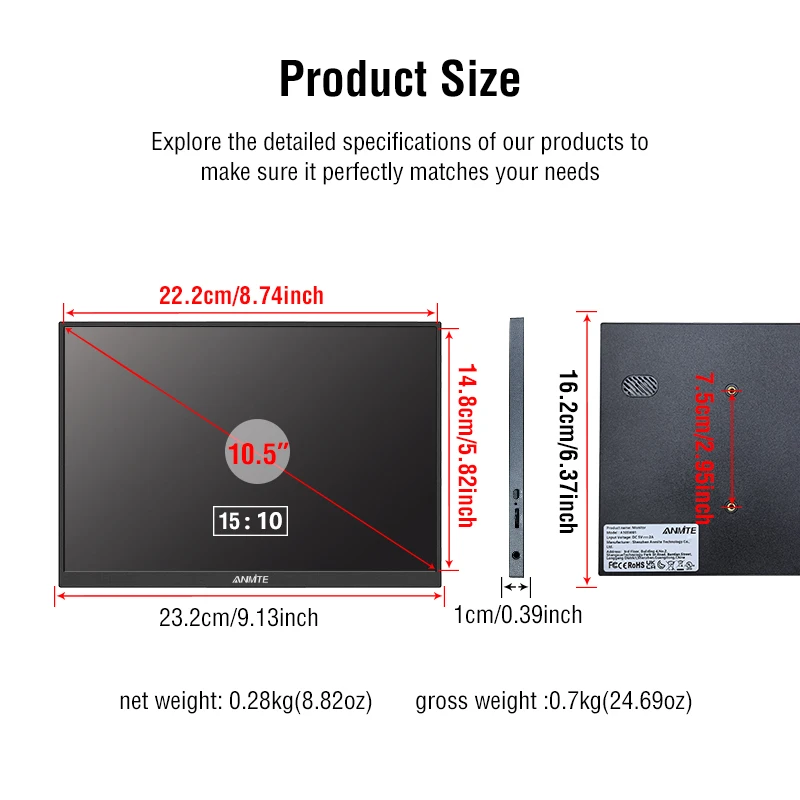 Anmite 10.5인치 휴대용 모니터 1280P HDR 15:10 저청색광 XBox PS4 / 5 스위치 휴대폰 PC 노트북 확장용