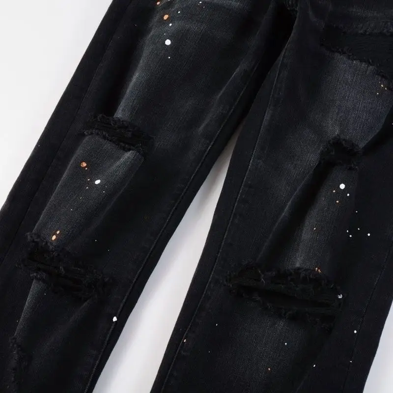 Purple New Men's Knee Ripped Straight Jeans American High Street Inkjet Black Stretch MEN JEANS 6