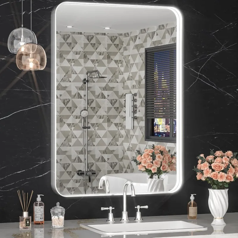 20" x 28" LED Bathroom Mirror with Lights Rounded Rectangle Silver Frame Embedded Light Strip Design Vanity Mirrors