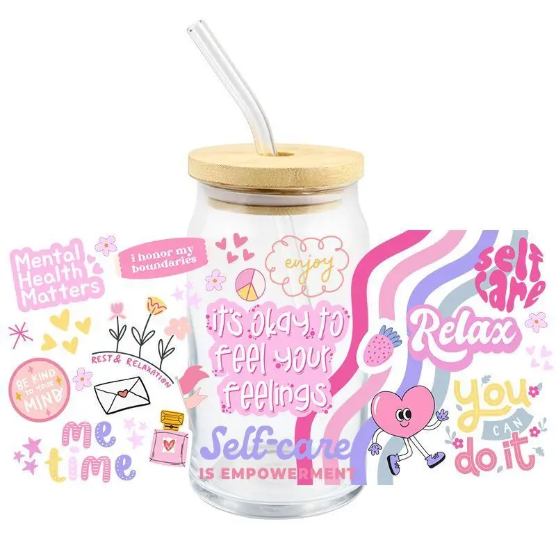3D UIV DTF Self Love Transfer Sticker Wraps Cup DIY Waterproof Fashion Latter For 16 OZ Libbey Glass Cup High Quality