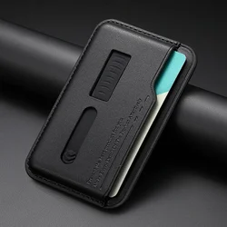 Sleek Magnetic Leather Wallet Card Holder Case with Hidden Strap (Black)