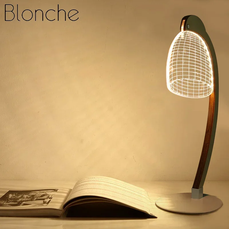 3D Effect Stereo Vision LED Desk Lamp Wood Support Acrylic Lampshade LED Light Living Room Bedroom Reading Lamp with USB Plug 4