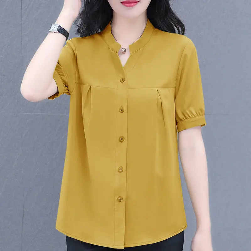 

women casual summer short sleeve shirts 2023 new single breastead blouse solid offiece lady camisa blasas women tops