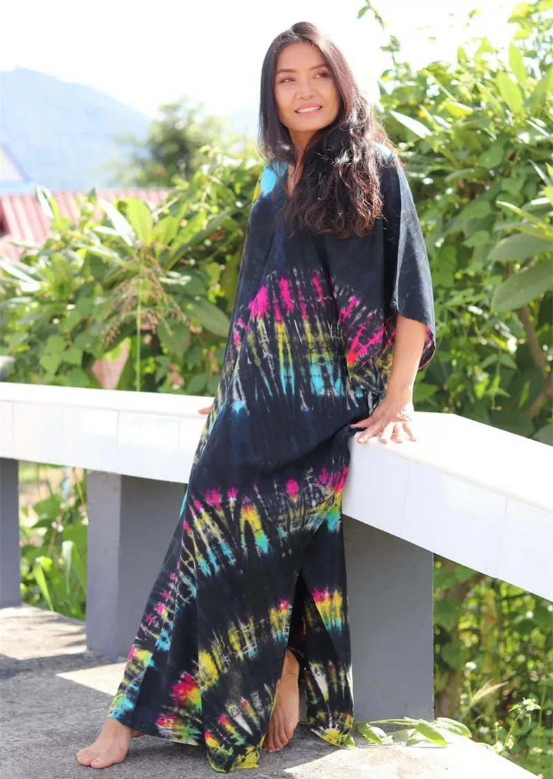 Fashion Casual Striped Print Long Dresses Women Bohemian V-neck Bat Sleeve Loose Slit Beach Dress Summer New Beachwear Vestidos 60 Fashion Casual Striped Print Long Dresses Women Bohemian V-neck Bat Sleeve Loose Slit Beach Dress Summer New Beachwear Vestidos