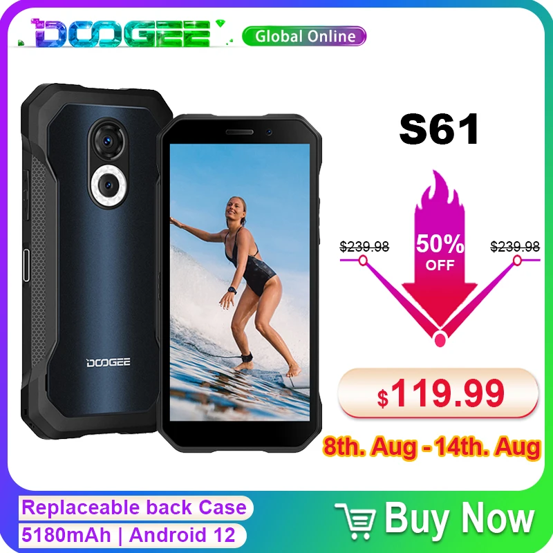 Doogee S61 смартфон с 5 99-дюймовым дисплеем процессором Helio G35 ОЗУ 6 ГБ ПЗУ 64 5180 мАч Android 12
