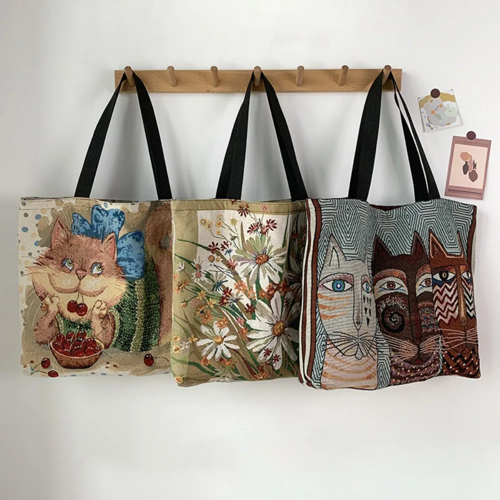 

Большие сумочки в стиле ретро, Повседневная Сумка-тоут из хлопка и льна с принтом животных, ручная сумка для переноски