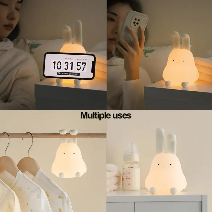 Cute Bunny Lamp Kawaii LED Desk Decor Nightlight with Phone Stand Feature Super Squishy Silicone Portable Light with Timer Idea
