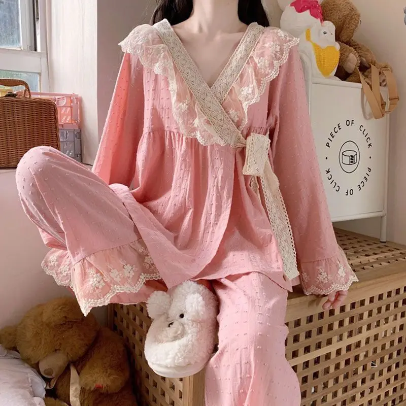 Sleepwear Women Autumn Kawaii Clothes Pajamas Set Lace Cotton Pajamas V-neck Long-sleeved Long Pants Two-piece Set Ruffle