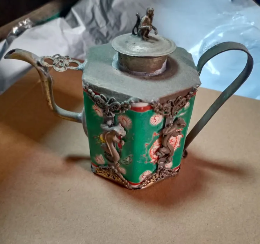 Collectible Decorate Old Handwork Porcelain & Dragon Flower Tea Pot Garden Decoration 100% real Tibetan Silver Brass 2