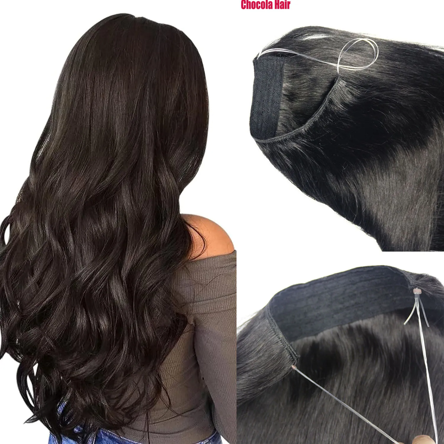 Human Hair Extensions Chocola Secret Wire No Clip Real Human Hair Halo Hair Extensions Hidden Wire Adjustable Transparent