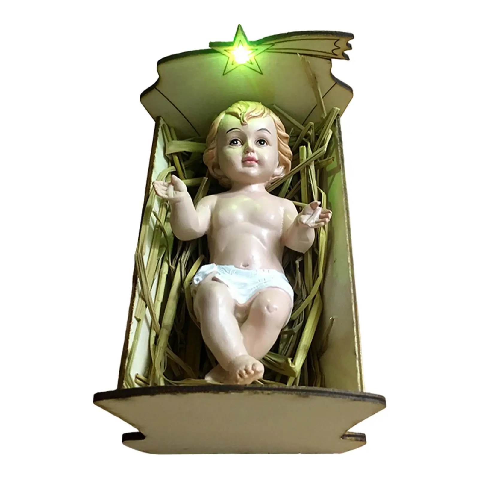 Babies Jesus Statue Wooden Manger Nativity Scene Decor Christmas Resin Sculpture for Indoor Holiday Home