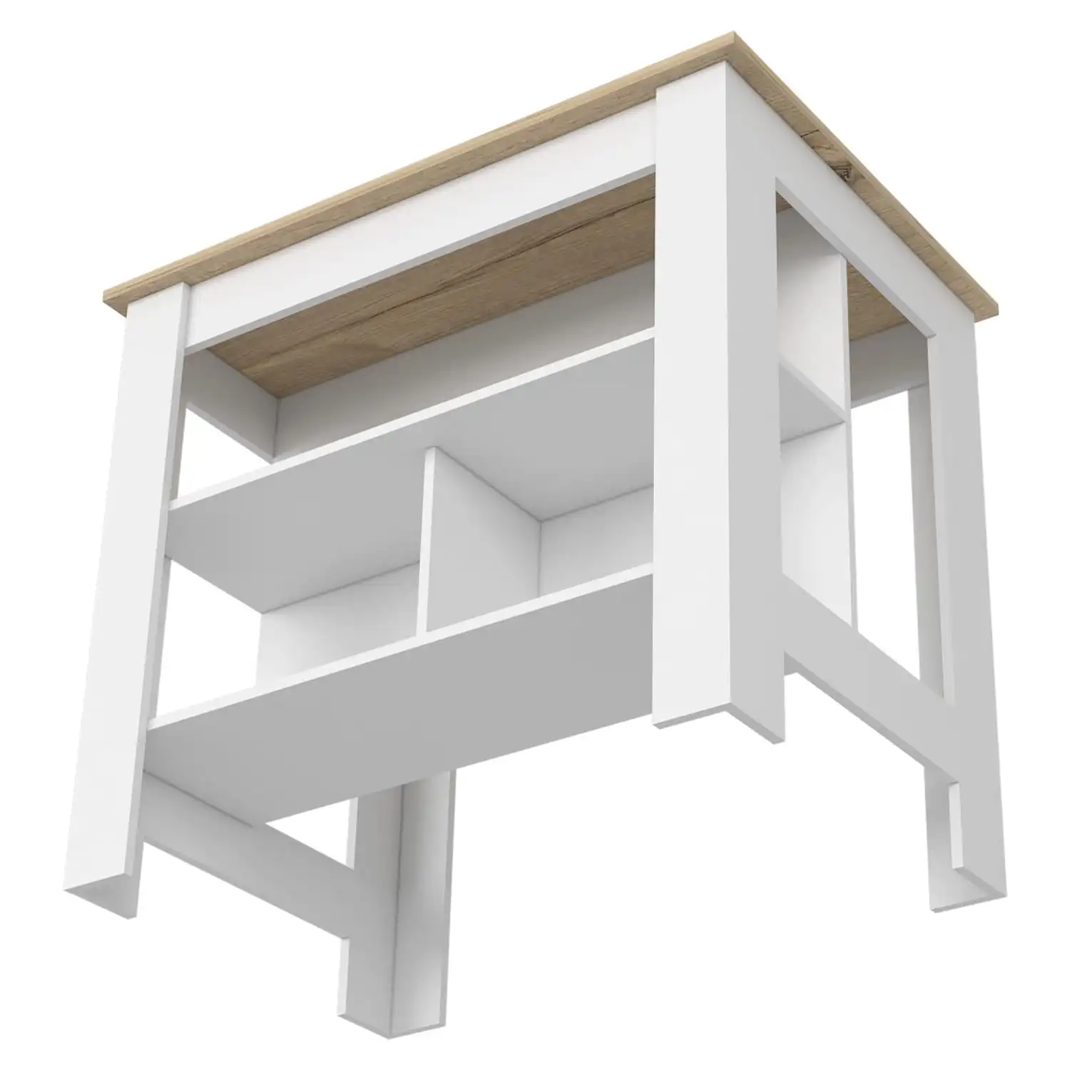 Cala Kitchen Island, Four Legs, Three Shelves  White / Light Oak 3