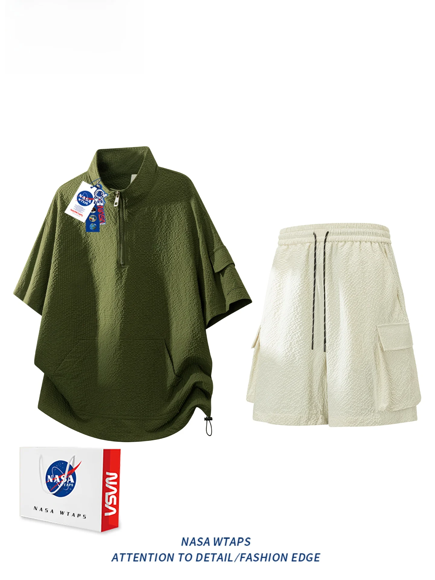 WTAPS 남성 여름 캐주얼 스포츠 루즈핏 반팔 반바지 세트 하프 지퍼 티셔츠 폴리에스터 섬유 청소년용