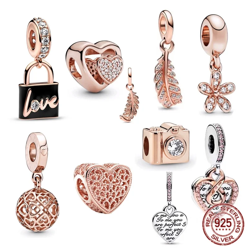 

NEW Rose Gold Plated Love Padlock Dangle Charm 925 Sterling Silver Bead Fit Original Pandora Bracelet Jewelry Bangle Women Gift