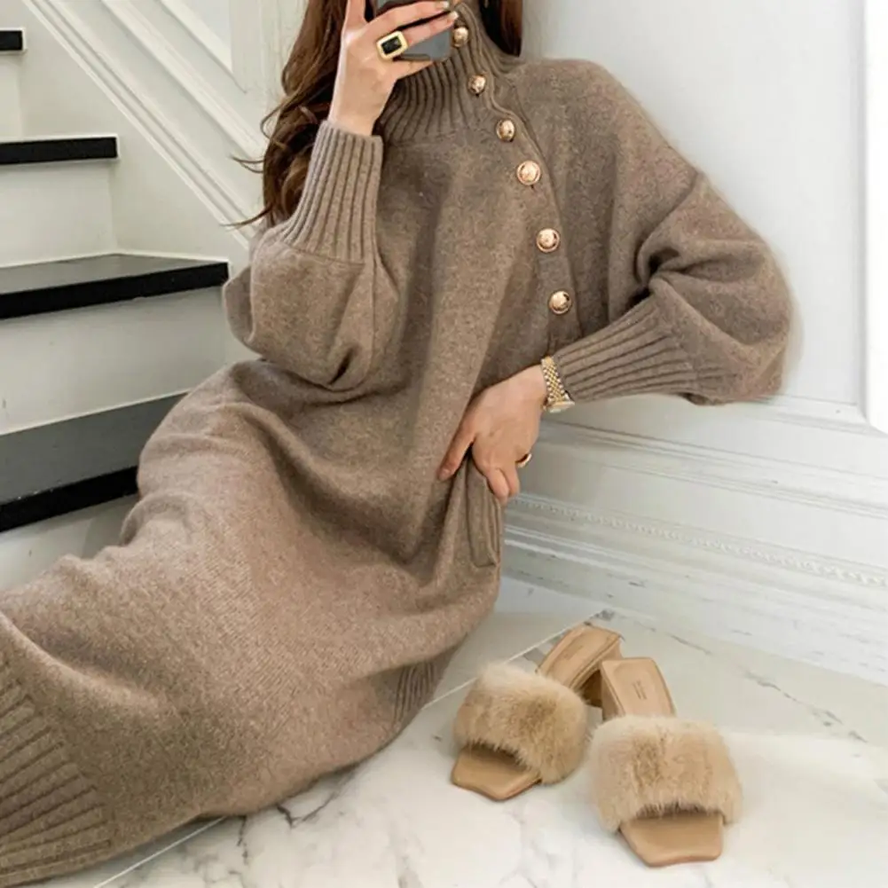 Vintage Turtleneck Buttons Long Sleeve Long Dresses Winter Fashion Casual Loose Knitwear Warm Women Knitted Dress Black Apricot