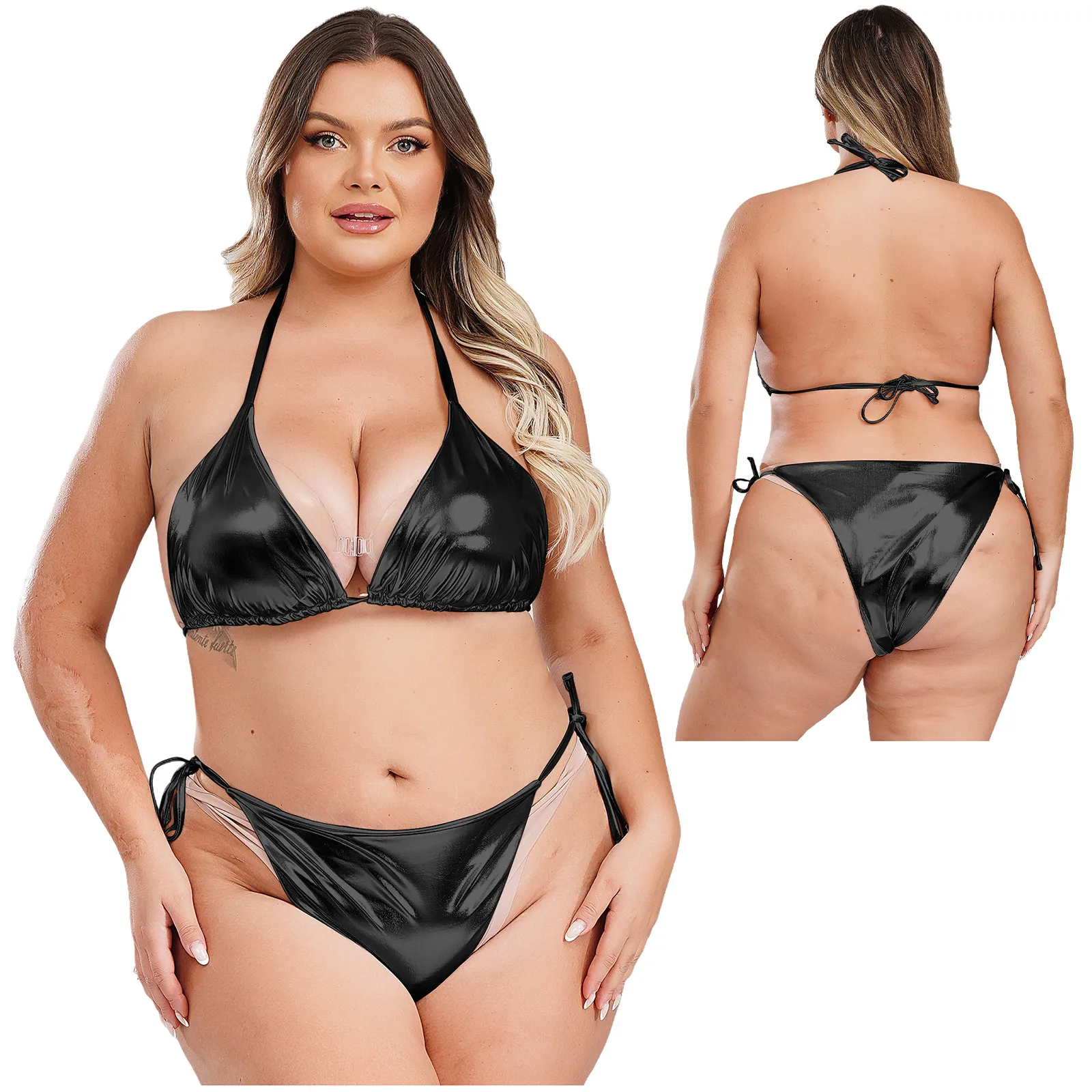 Womens Plus Size Bikini Swimsuit Hater Tie-up Triangle Bikini Bra And Bottom Set Shiny Metallic Swimwear Swimming Bathing Suit