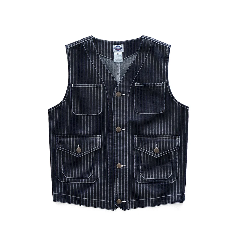 トップス 1930's US vintage stripe vest 12.5 oz Vintage Vertical Striped Denim Vest for Men Feel